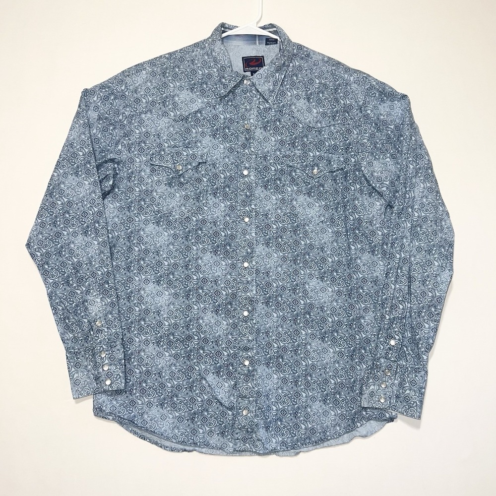 Roper Pearl Snap Mens Size XL Blue Paisley AOP Long Sleeve Cotton Western